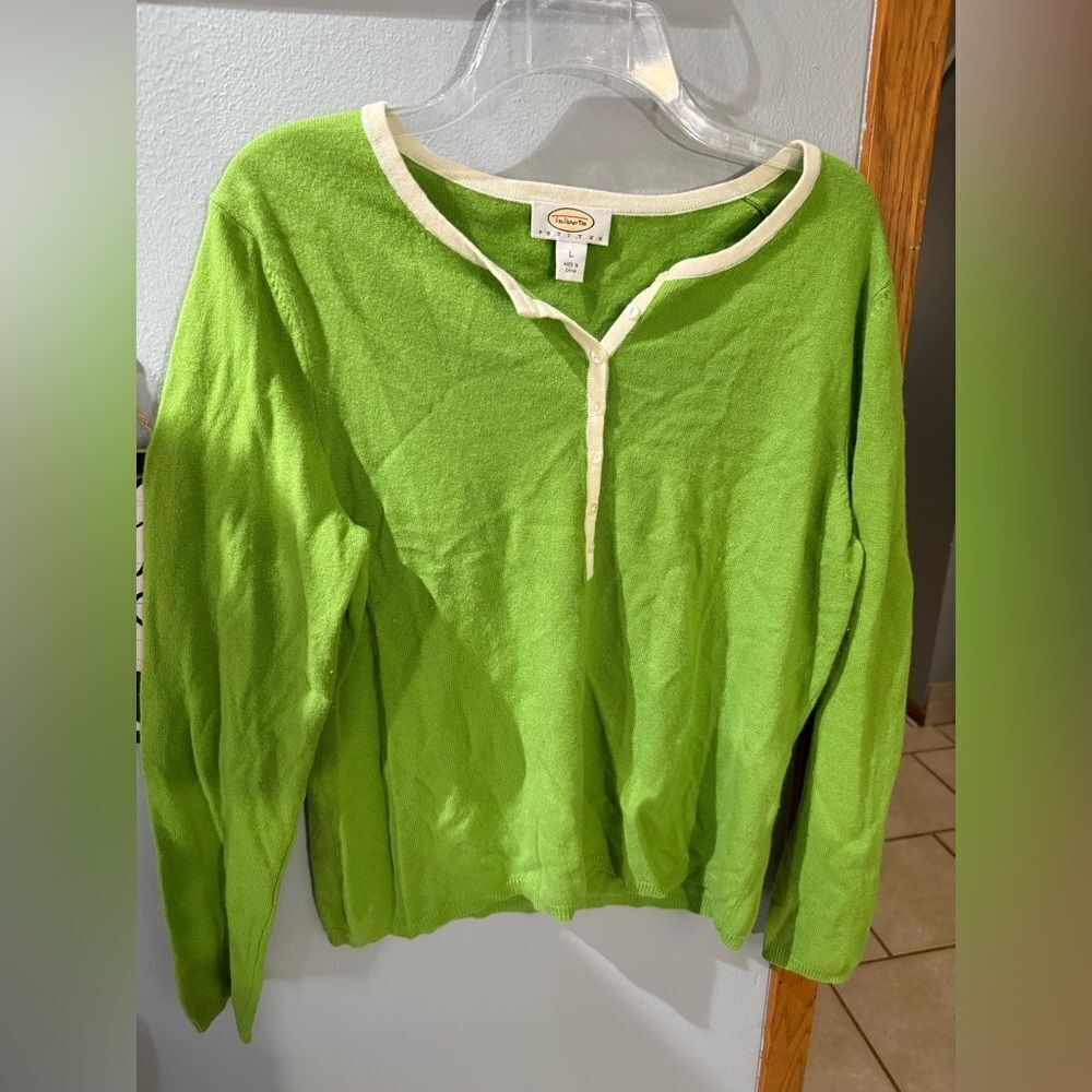 Talbots Lambwool Green Pullover 1/4 Button Down Sweater Women's Petite L